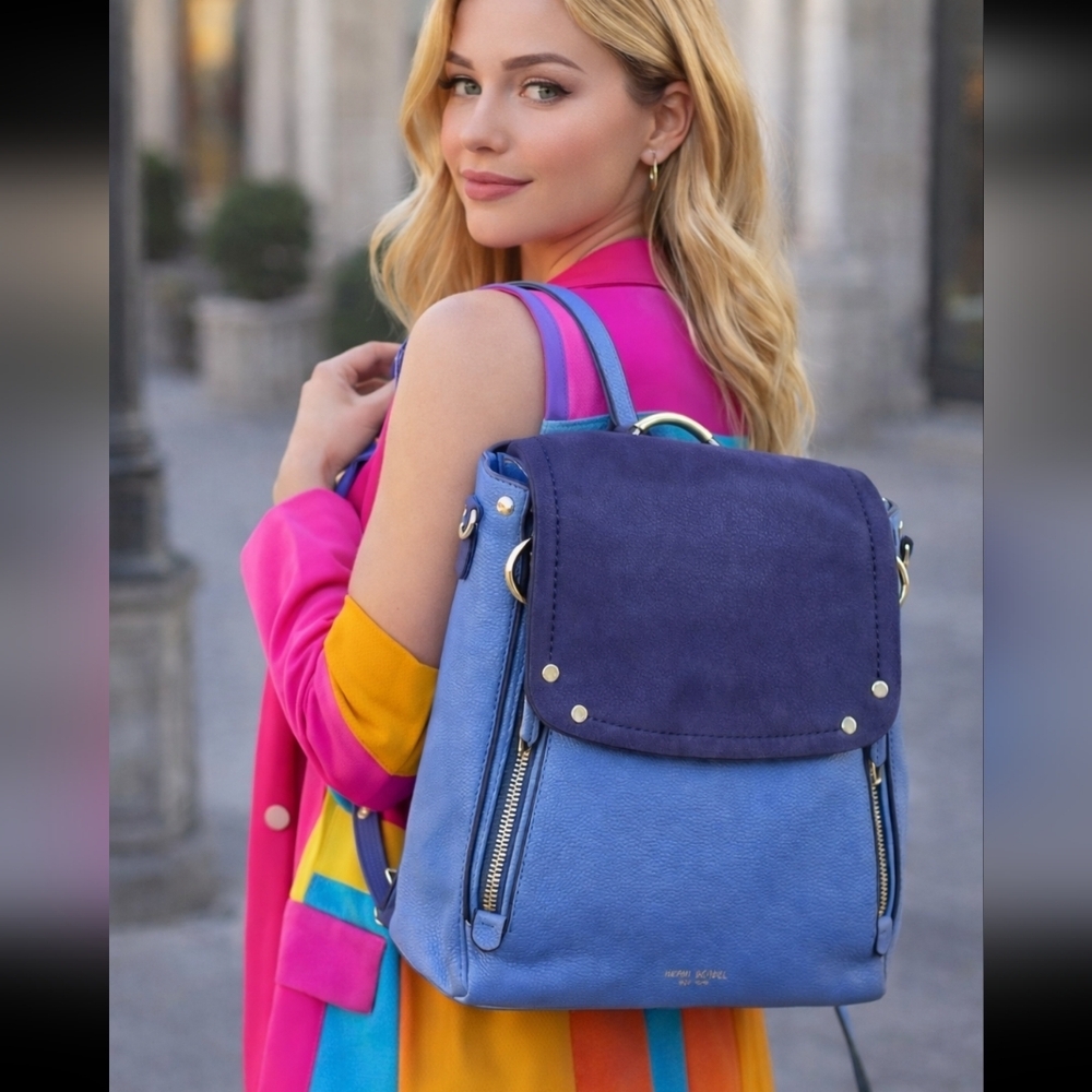 Henri Bendel Convertable Backpack In Pebble Grain Leather Periwinkle-Navy Suede - Picture 14 of 14